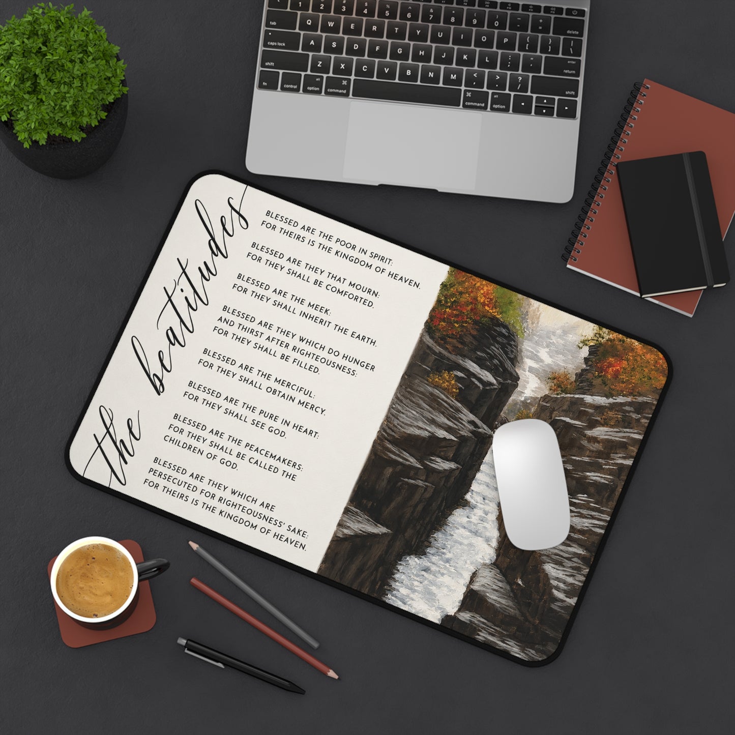 Blessed Are The Meek Desk Mat — Beatitudes Scripture Desk Pad with Waterfall Nature Art