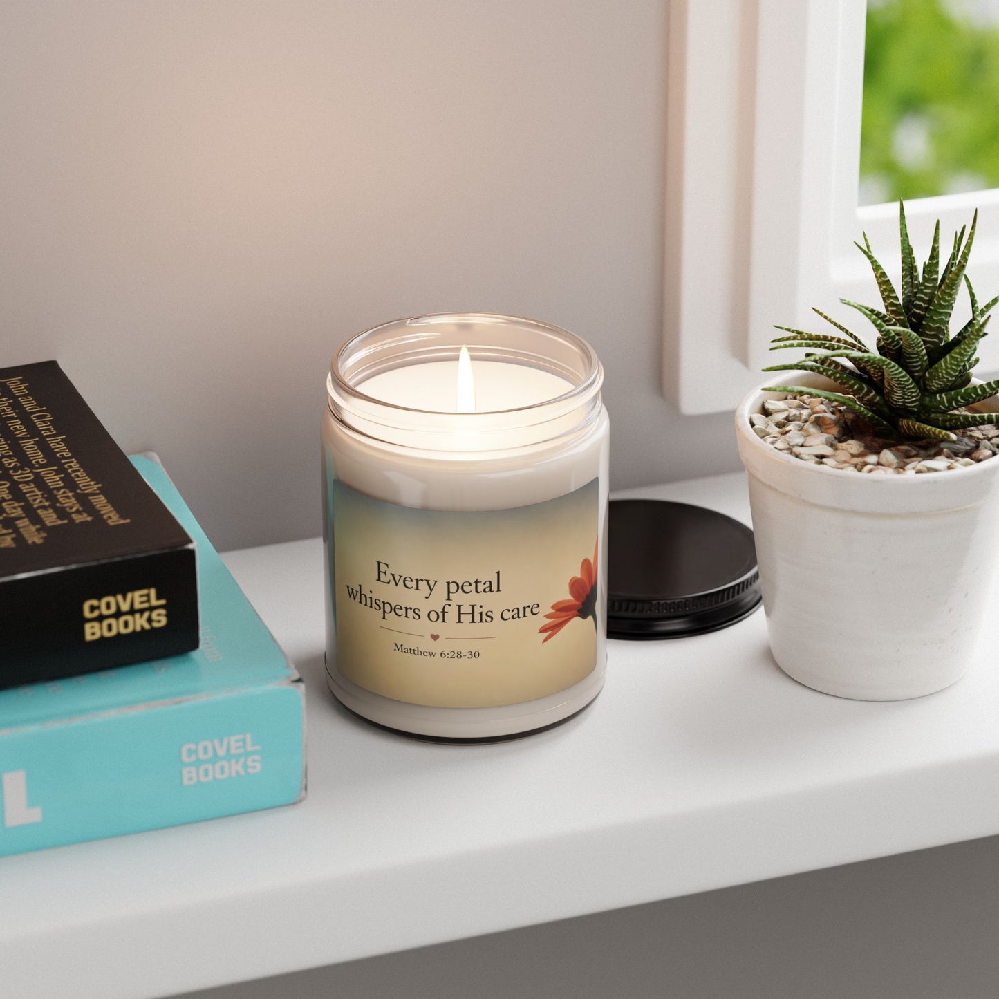 Inspirational Floral Soy Candle — “Every Petal Whispers of His Care” (9oz)