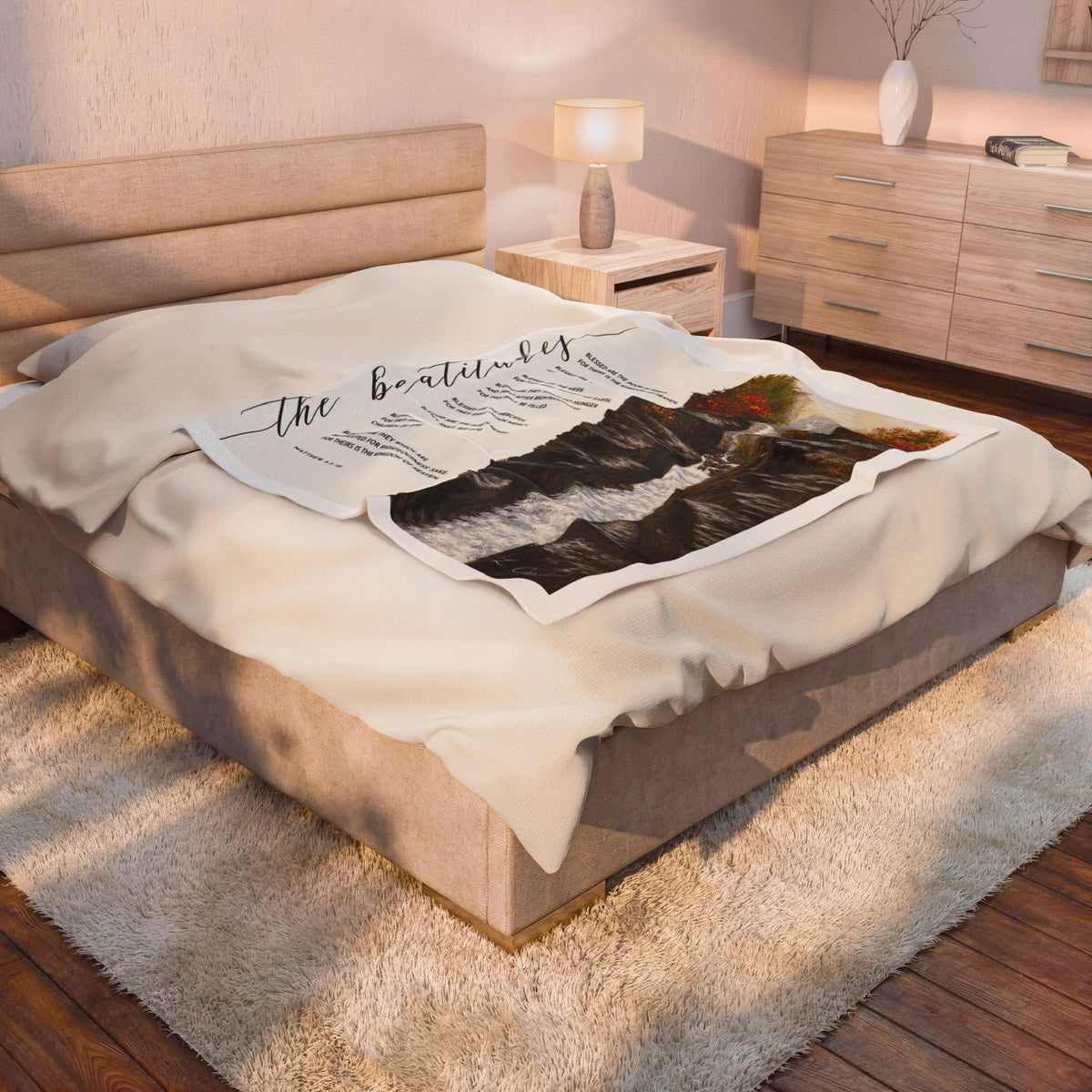 Velveteen Plush Blanket — 'The Beatitude' Scenic Waterfall Prayer Throw