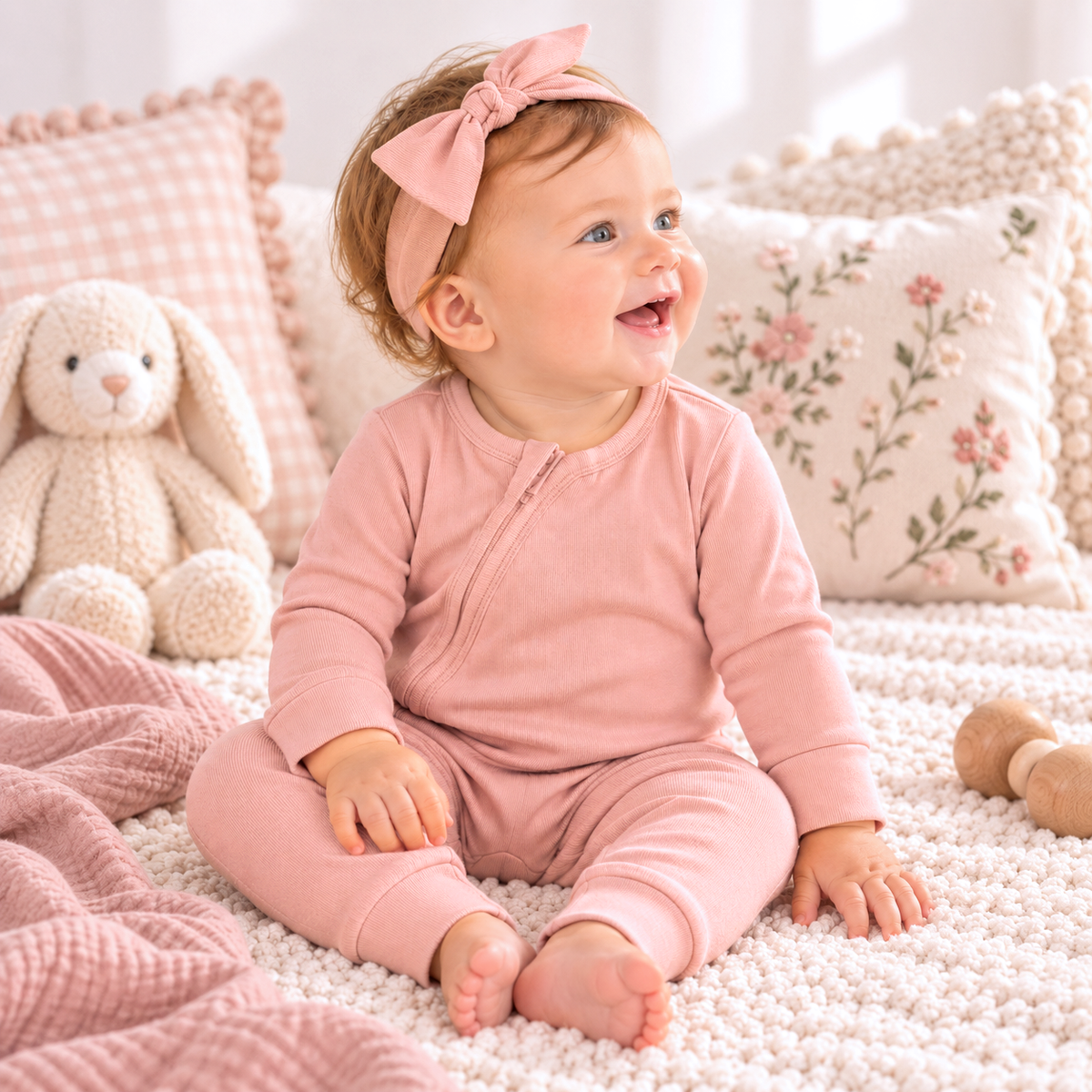 Cotton Baby Zipper Romper With Convertible Cuffs-Soft Coral