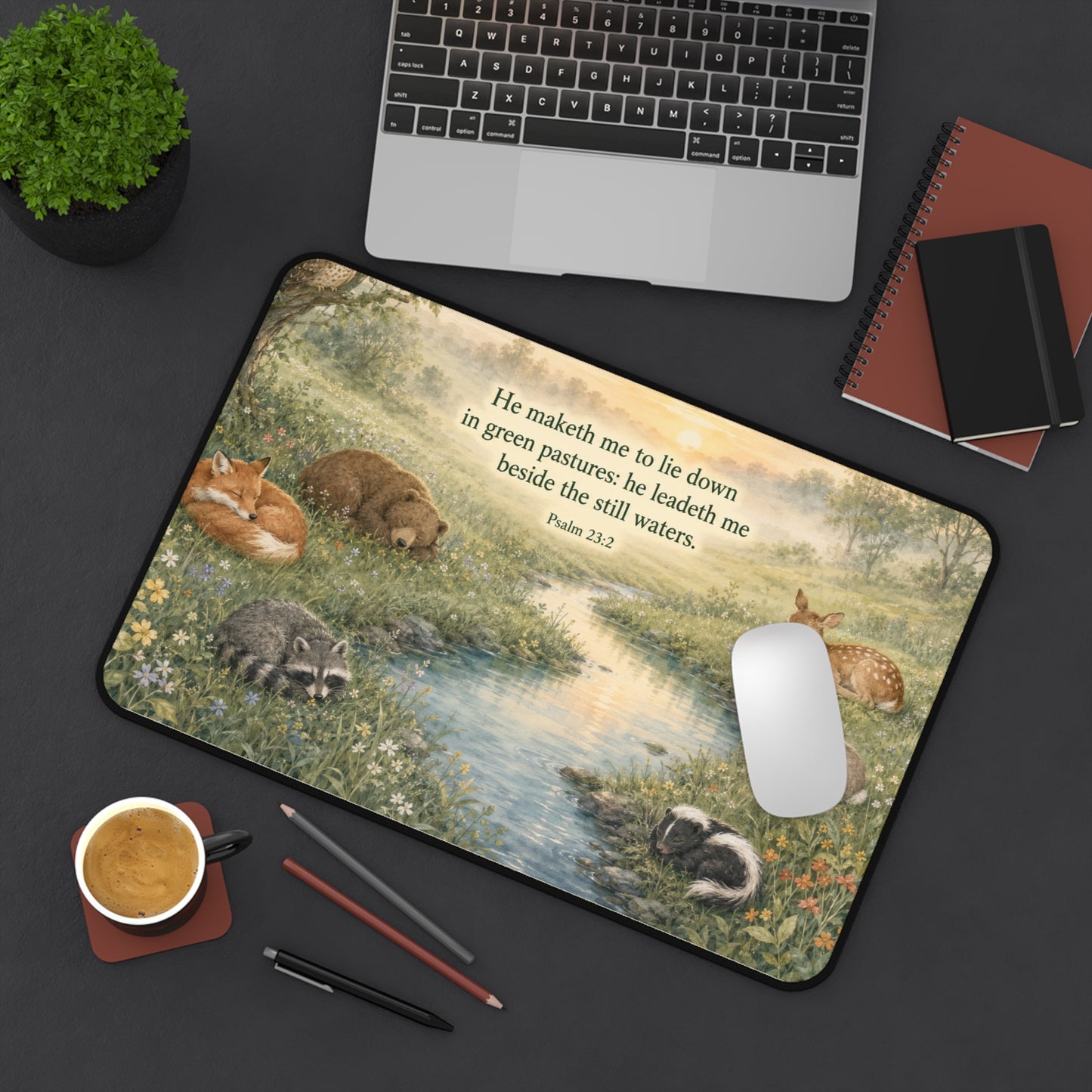 Psalm 23 Desk Mat — 'He maketh me to lie down in green pastures' Faithful Wildlife Mouse Pad