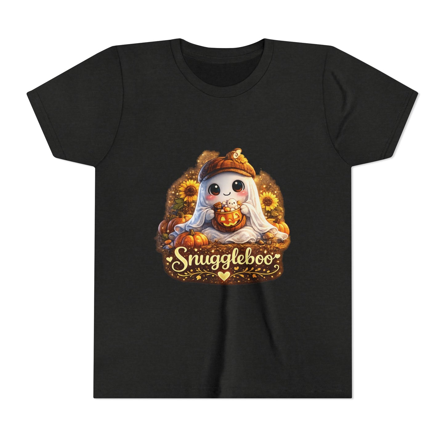 Youth Tee — Cute Fall “Snuggleboo” Pumpkin Owl with Sunflowers