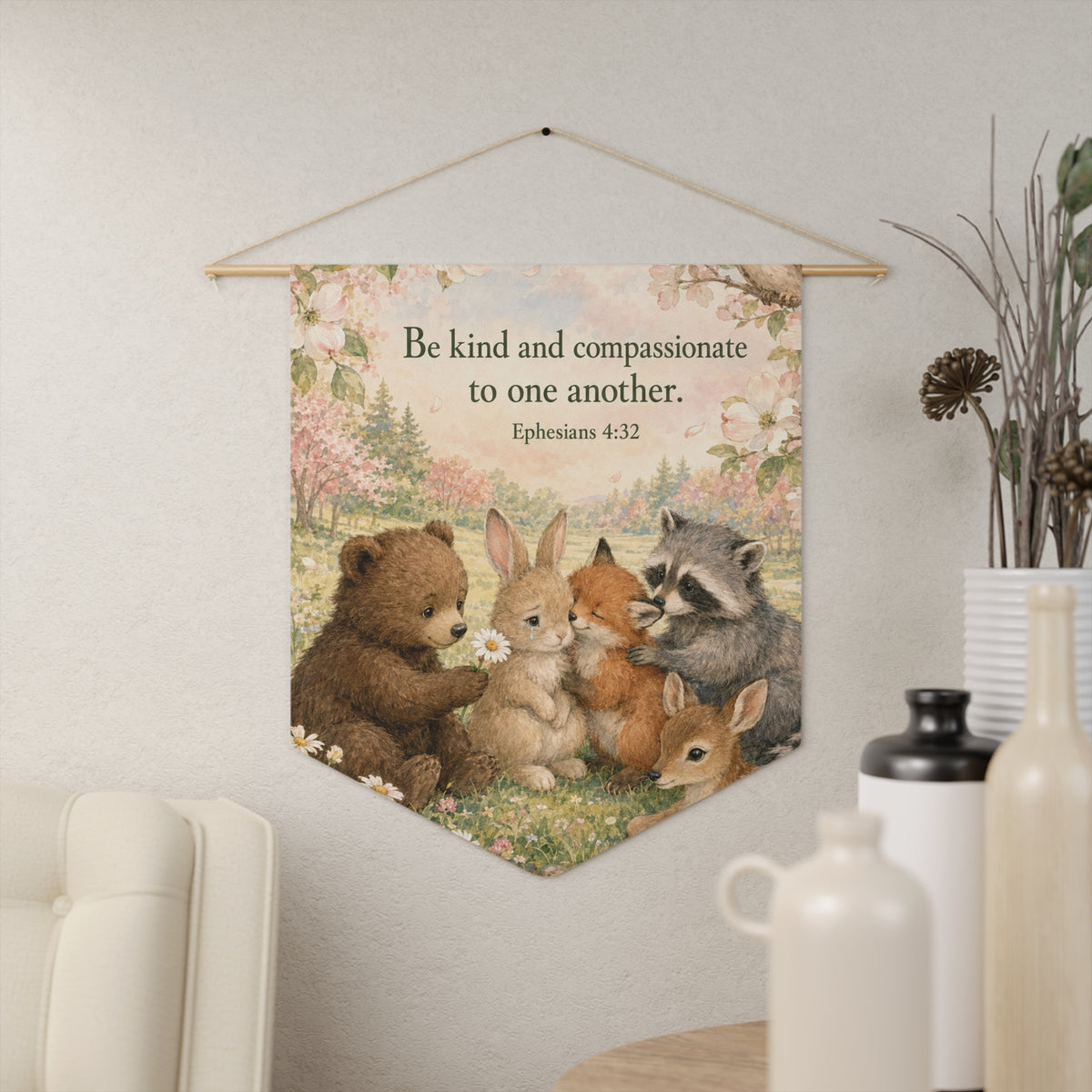 Pennant | "Be Kind and Compassionate to One Another" Woodland Animals Inspirational Banner