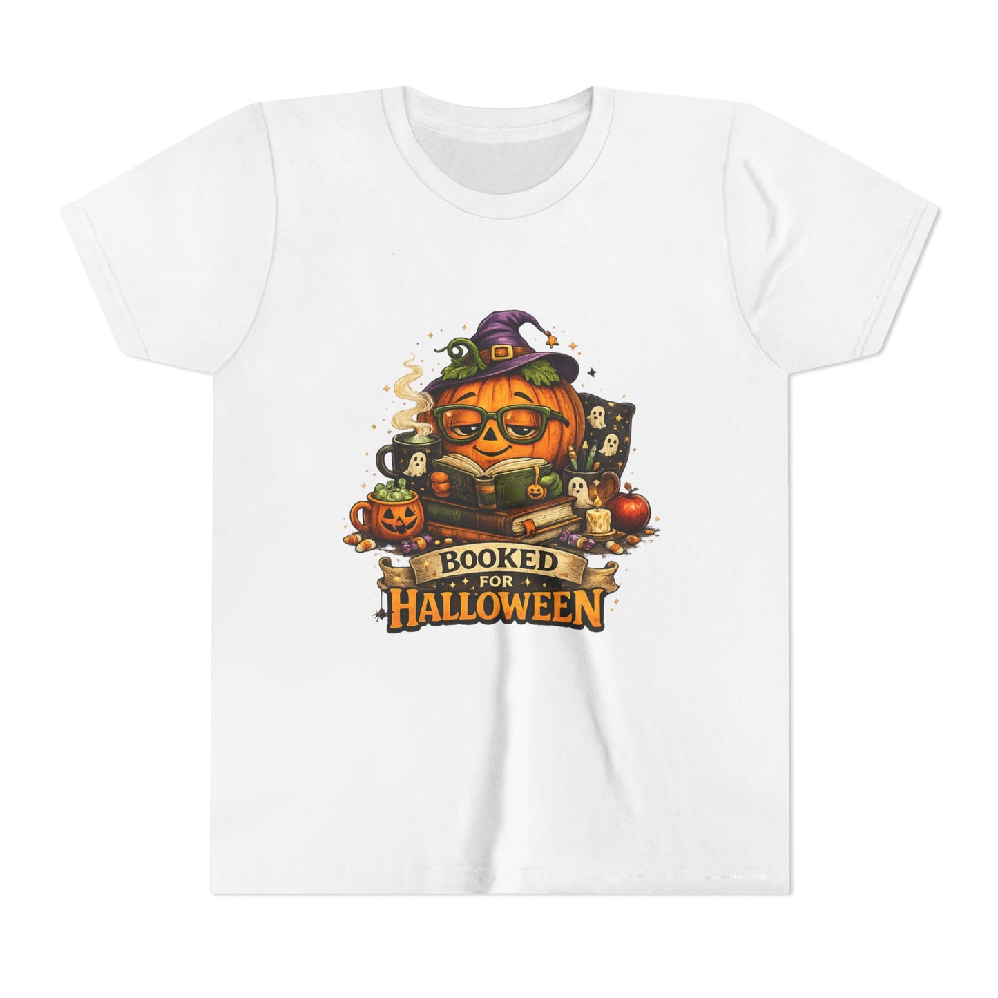 Youth T‑Shirt — "Booked for Halloween" Pumpkin Reading Graphic Tee