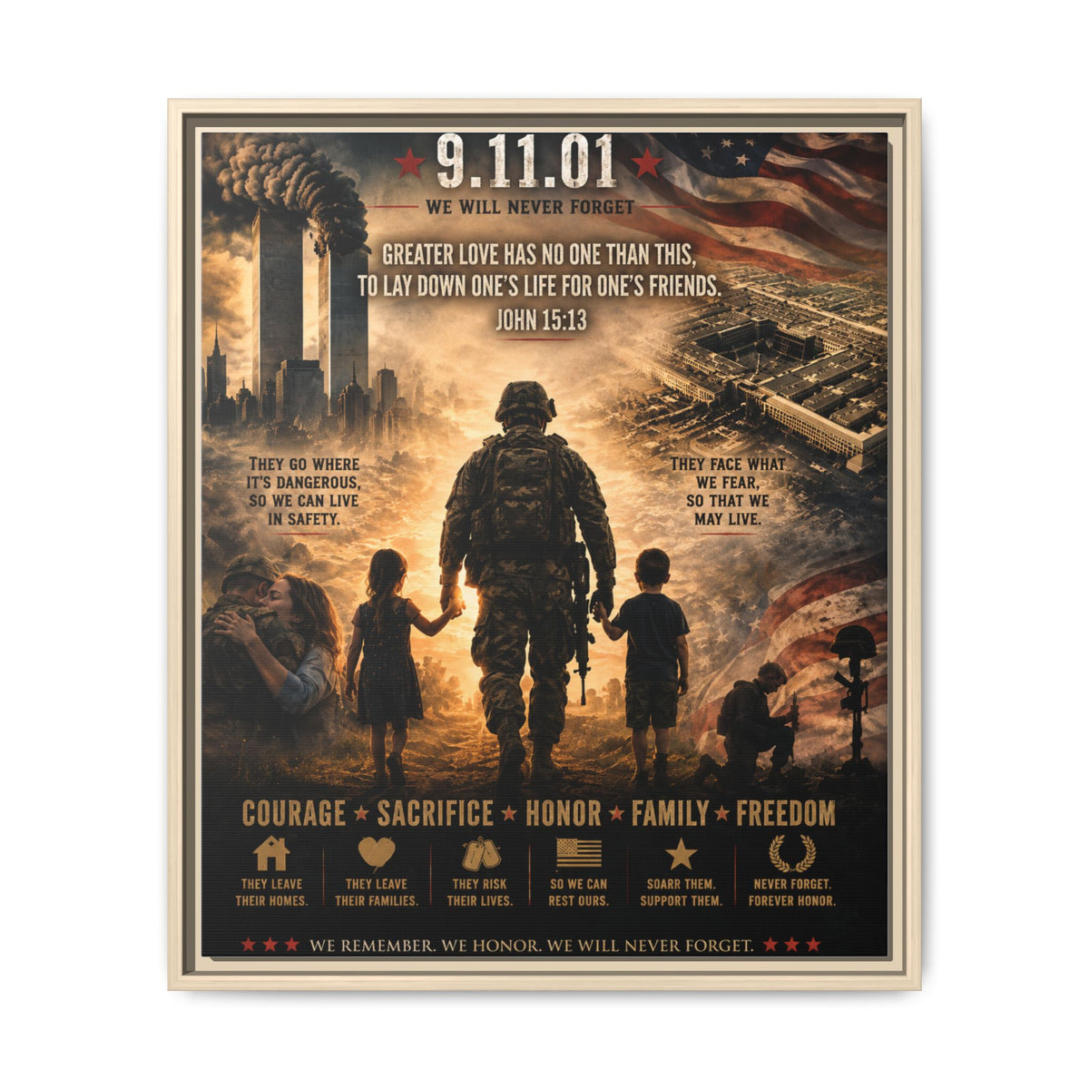 We Will Never Forget – 9/11 25th Anniversary Military & Family Memorial Framed Canvas