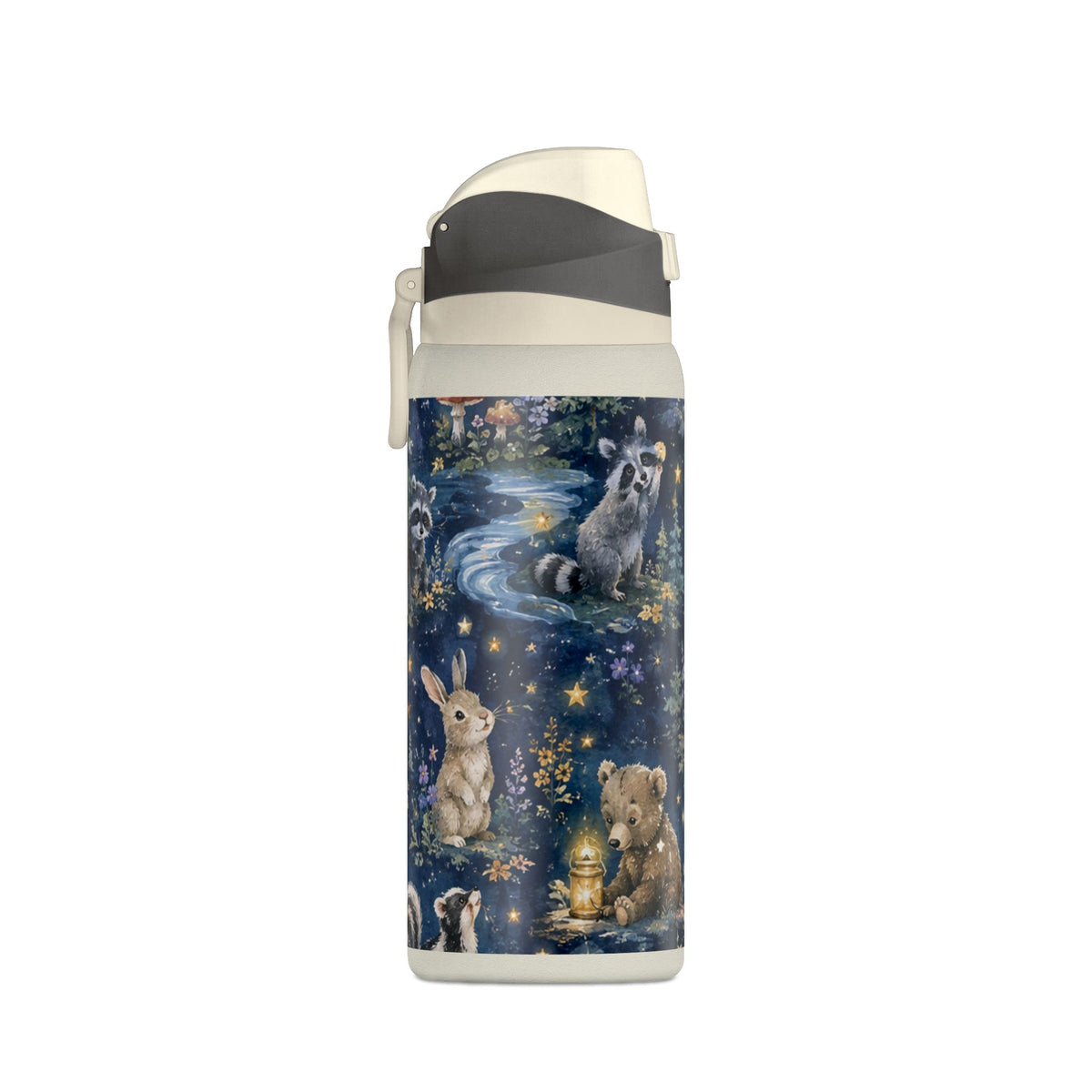 Insulated Water Bottle — Nighttime Forest Animals 32oz (Moon, Raccoon, Bunny)