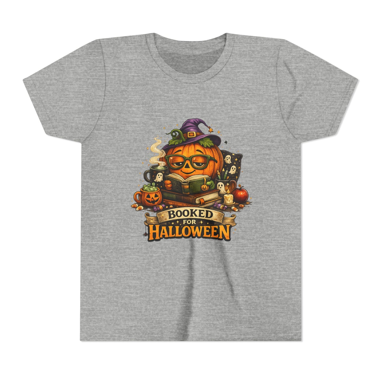 Youth T‑Shirt — "Booked for Halloween" Pumpkin Reading Graphic Tee