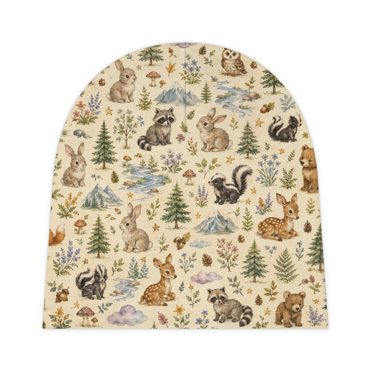 Baby Beanie — Woodland Animals Pattern Newborn Hat