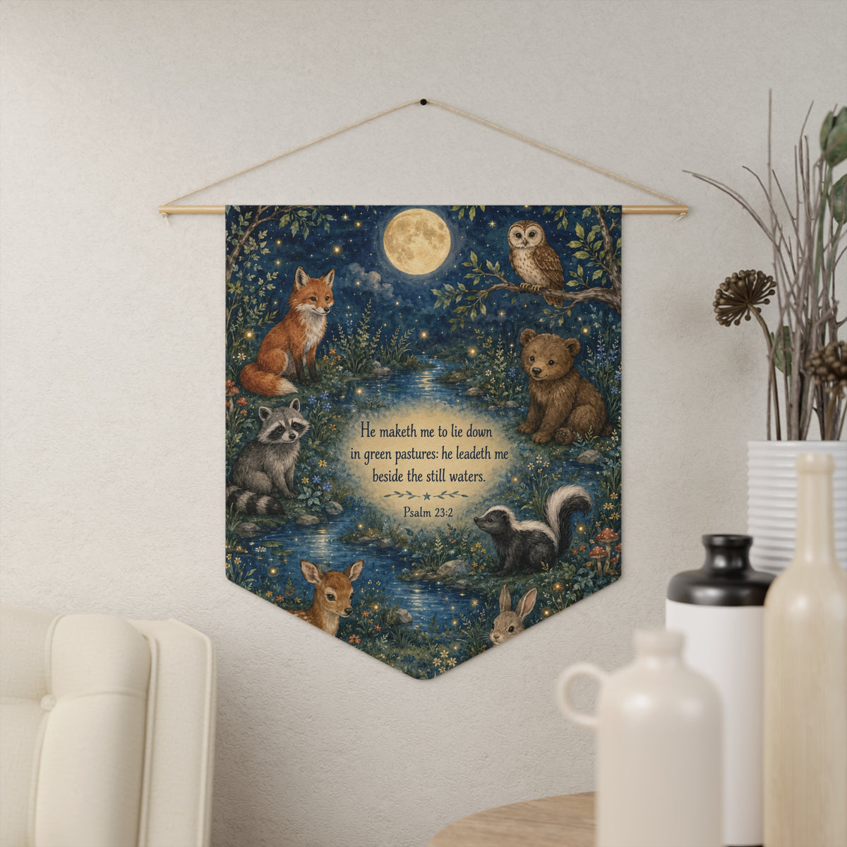 Woodland Night Pennant — "He maketh me to lie down" Psalm 23:2 Wall Banner