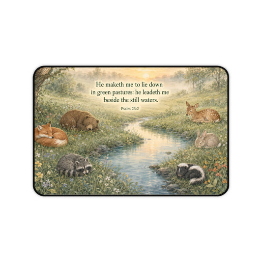 Psalm 23 Desk Mat — 'He maketh me to lie down in green pastures' Faithful Wildlife Mouse Pad