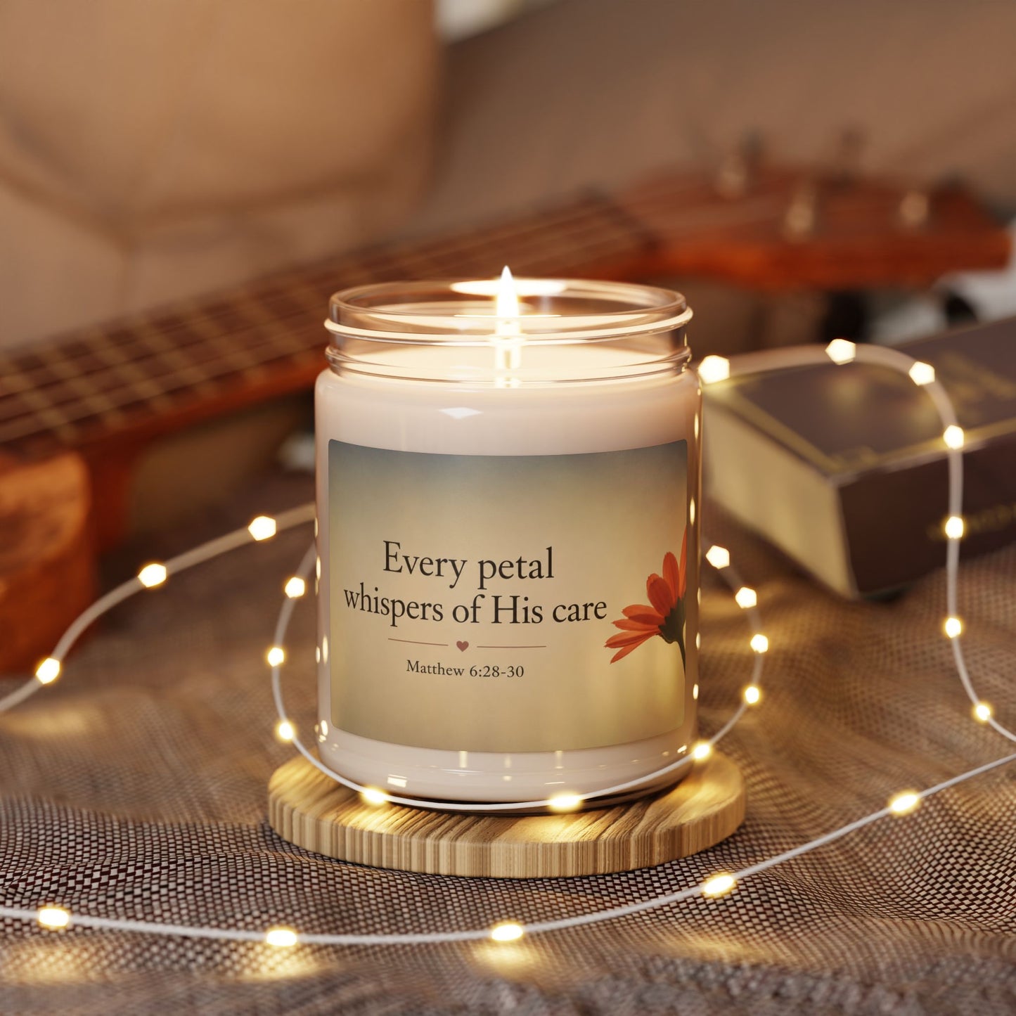 Inspirational Floral Soy Candle — “Every Petal Whispers of His Care” (9oz)