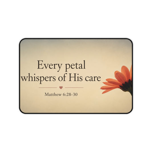 Christian Desk Mat — "Every Petal Whispers of His Care" (Matthew 6:28-30)