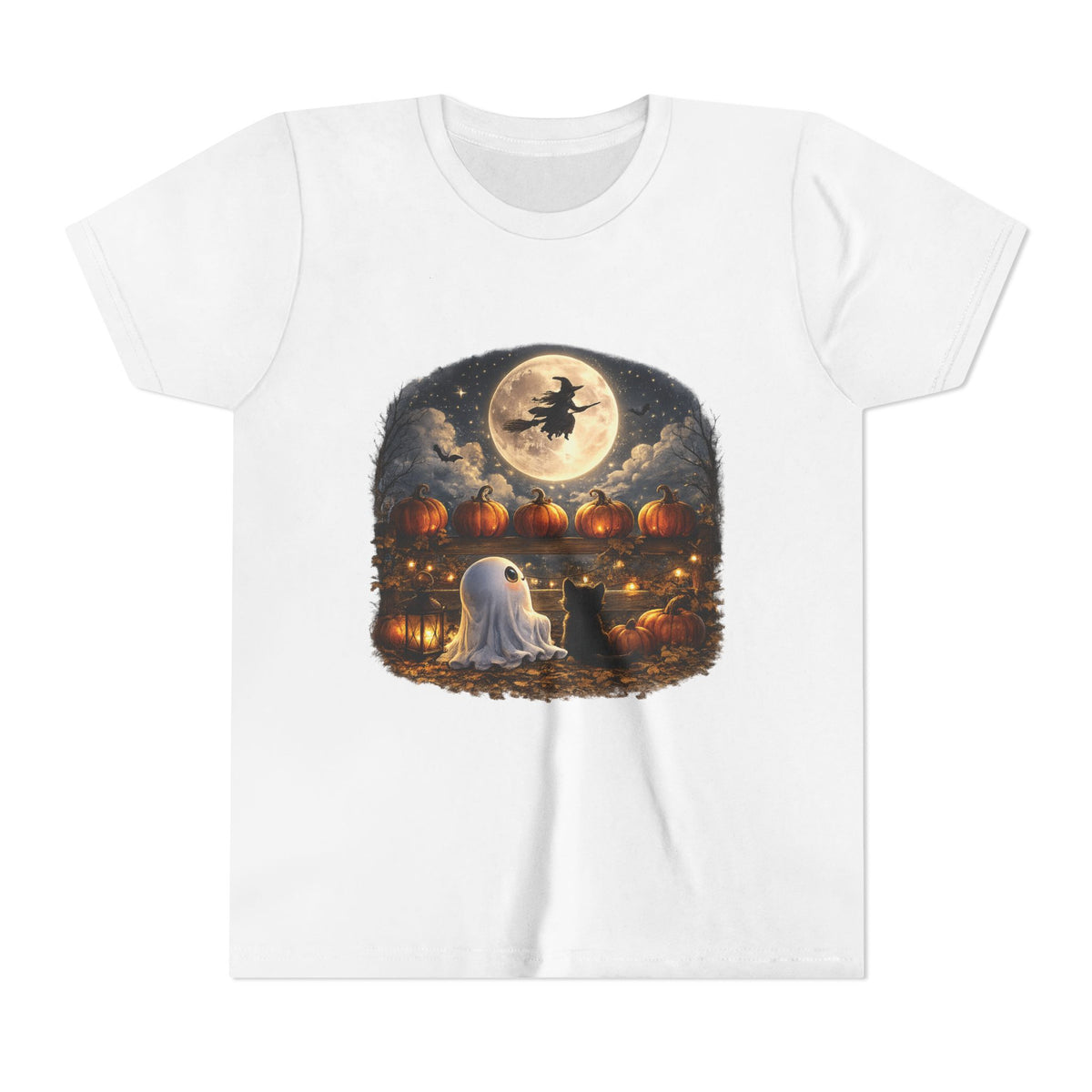 Kids Halloween Tee – Cute Ghost, Pumpkin Lanterns & Witch Moon Night