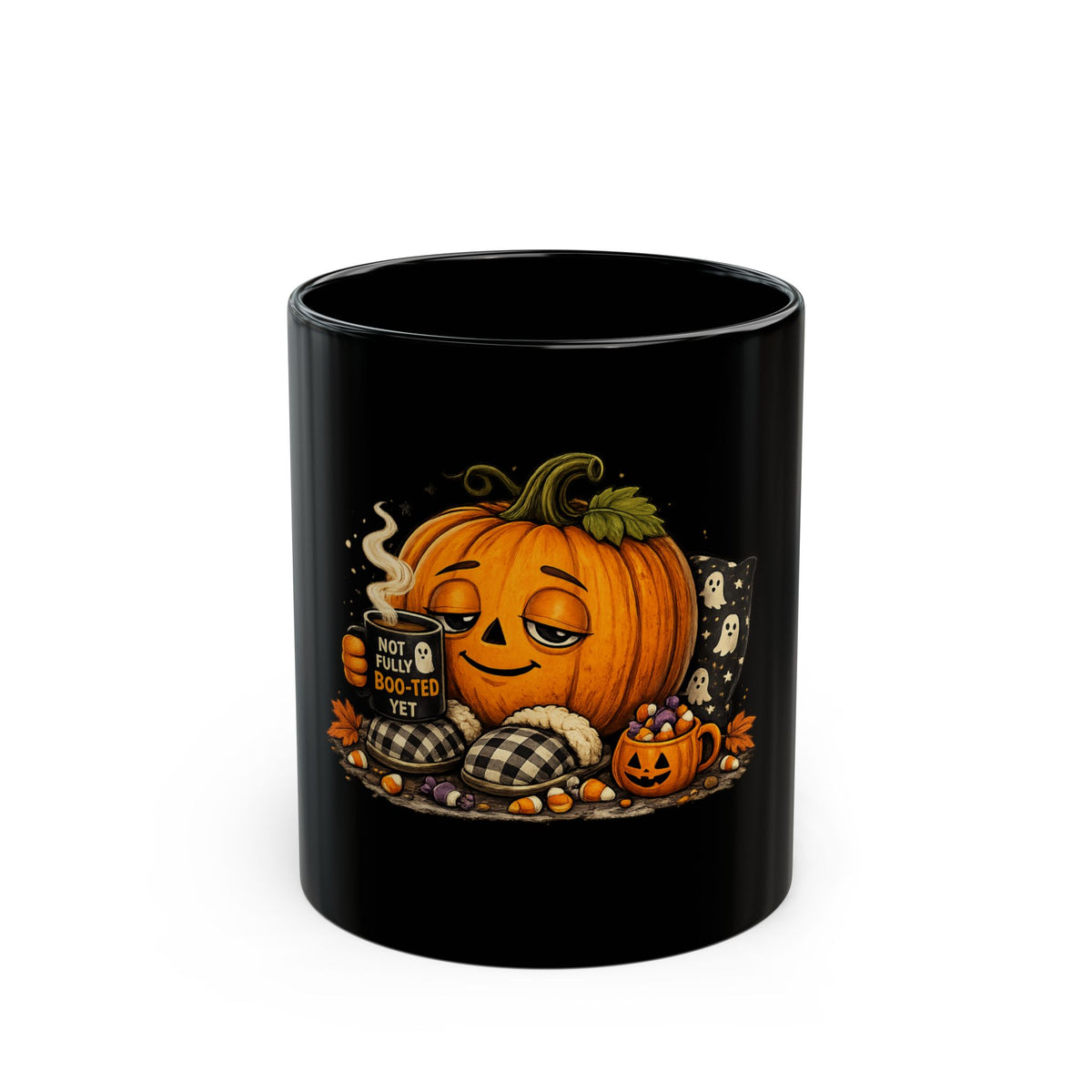 Halloween Pumpkin Mug – "Not Fully Boo-ted Yet" Black Coffee Cup (11oz/15oz)