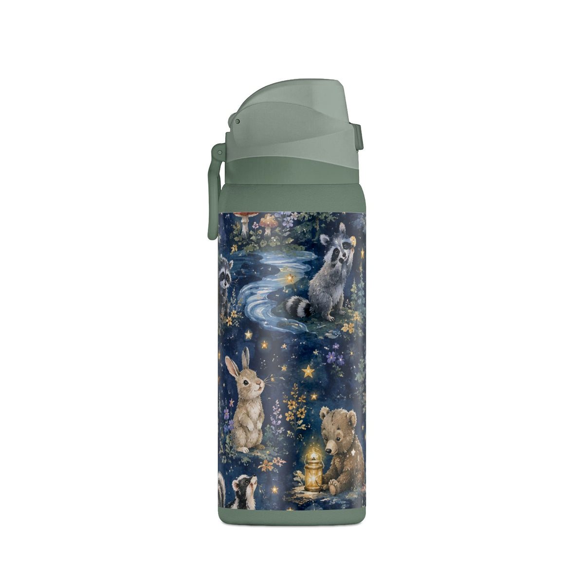 Insulated Water Bottle — Nighttime Forest Animals 32oz (Moon, Raccoon, Bunny)