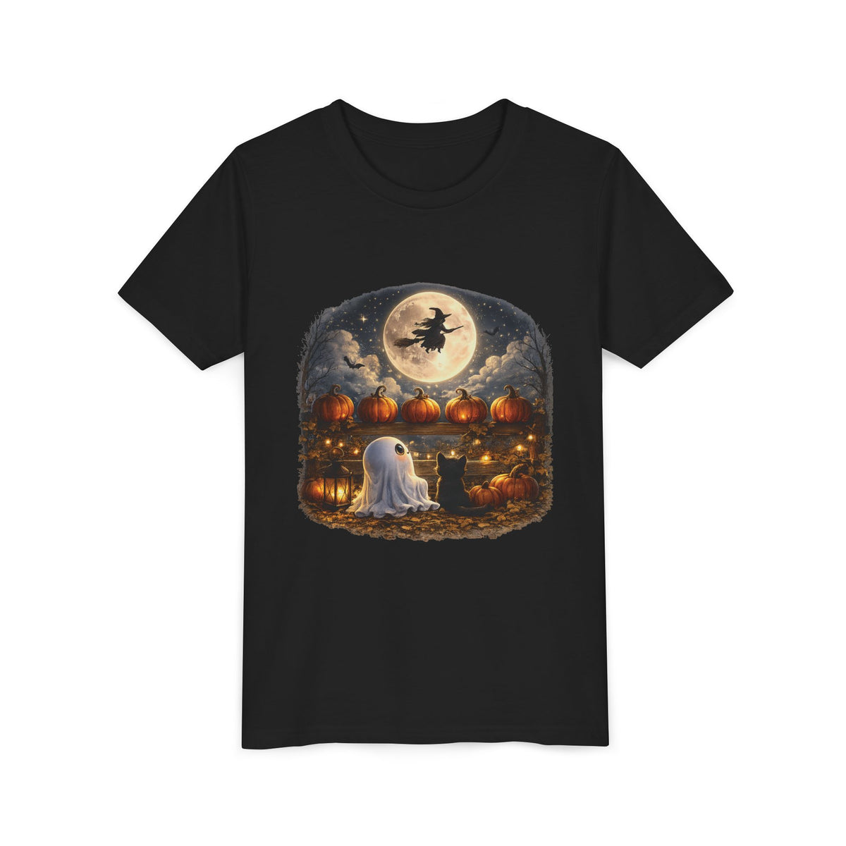 Kids Halloween Tee – Cute Ghost, Pumpkin Lanterns & Witch Moon Night