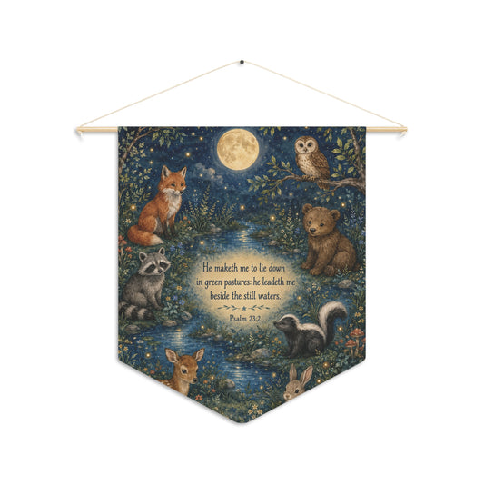Woodland Night Pennant — "He maketh me to lie down" Psalm 23:2 Wall Banner