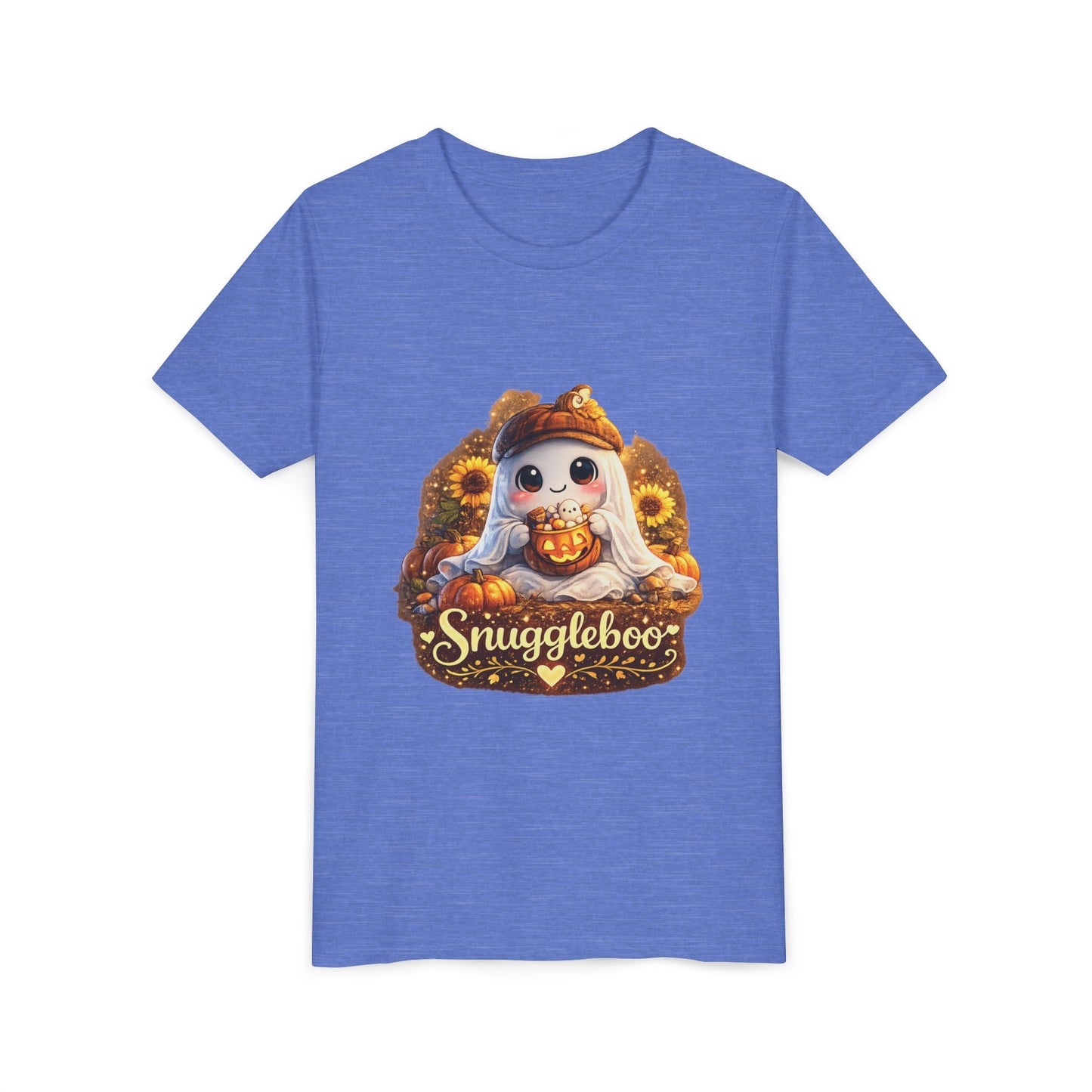 Youth Tee — Cute Fall “Snuggleboo” Pumpkin Owl with Sunflowers