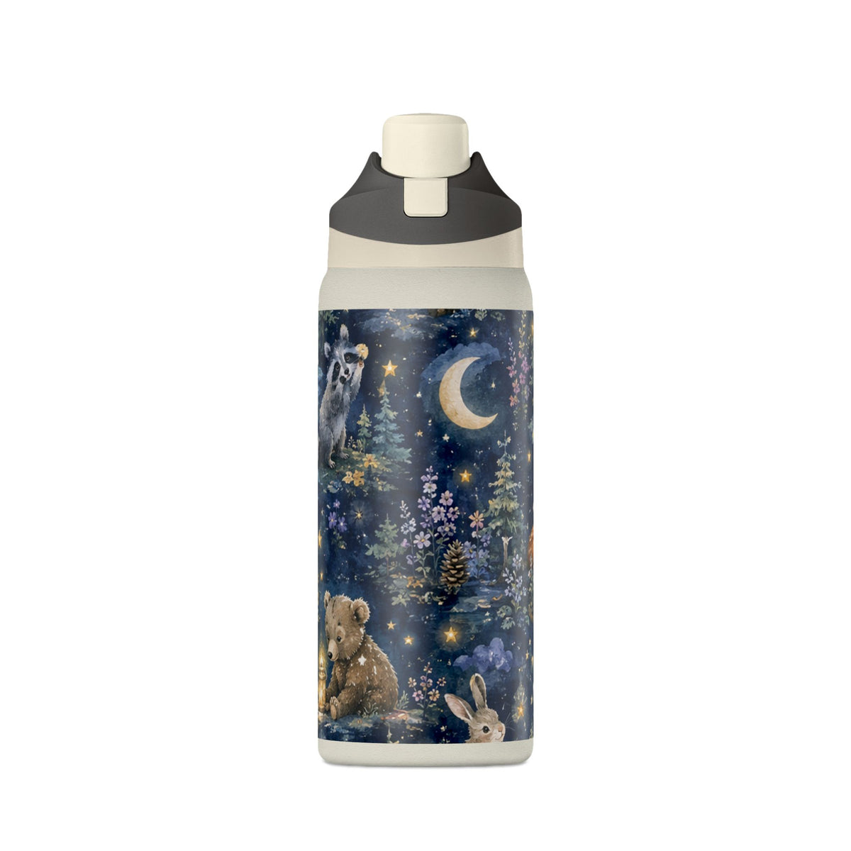 Insulated Water Bottle — Nighttime Forest Animals 32oz (Moon, Raccoon, Bunny)