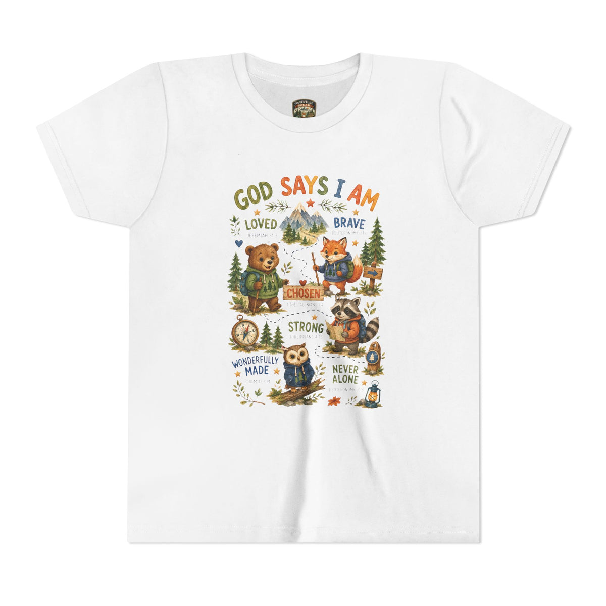 Youth Tee — "God Says I Am" Inspirational Christian Kids T‑Shirt (Loved, Brave, Strong)