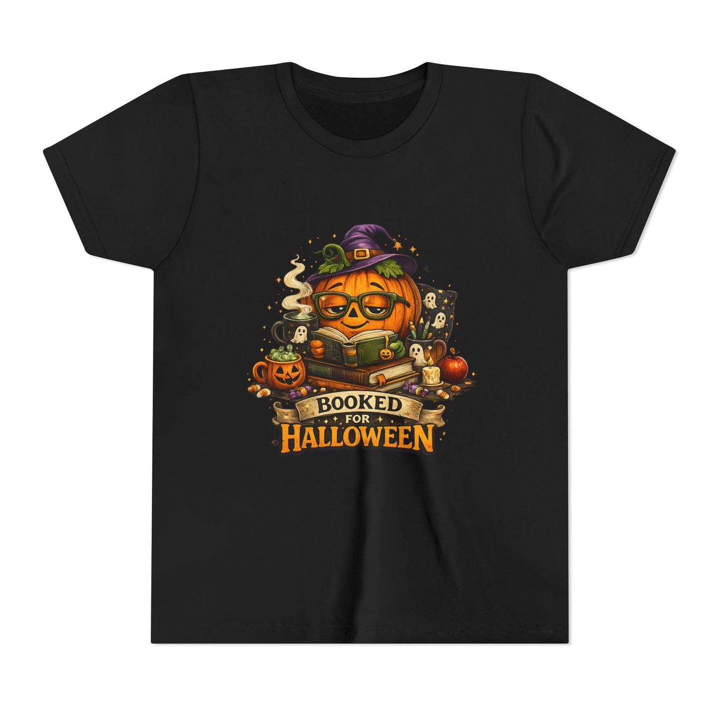 Youth T‑Shirt — "Booked for Halloween" Pumpkin Reading Graphic Tee