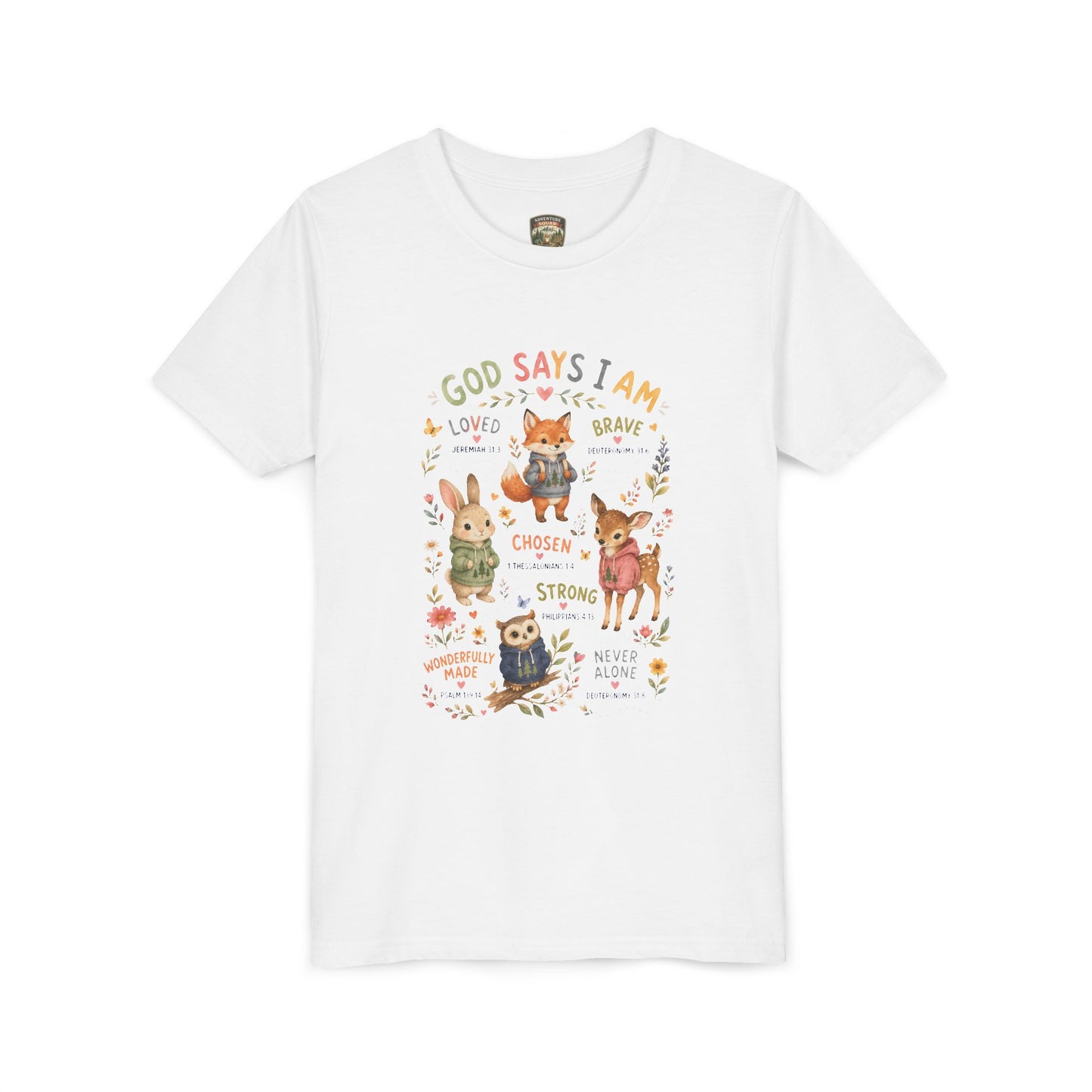 Christian Kids T-Shirt — "God Says I Am" Woodland Animals Inspirational Youth Tee