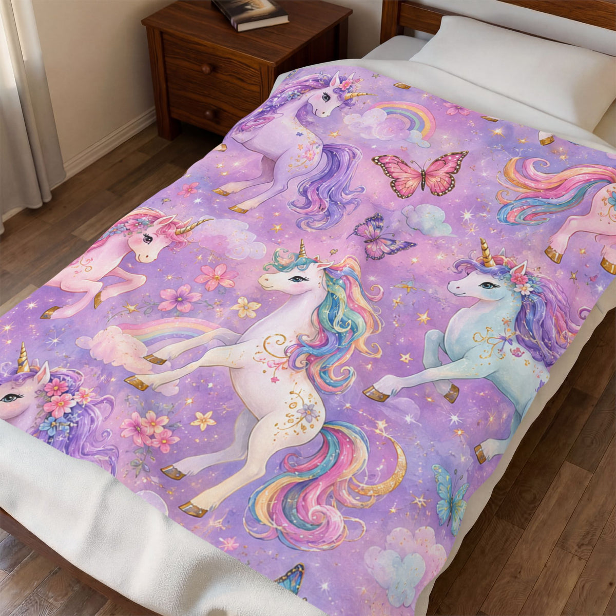 Unicorn Velveteen Plush Blanket – Pastel Rainbow Magical Unicorn Throw for Kids