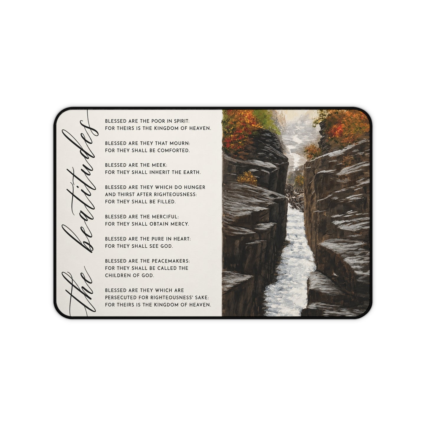 Blessed Are The Meek Desk Mat — Beatitudes Scripture Desk Pad with Waterfall Nature Art
