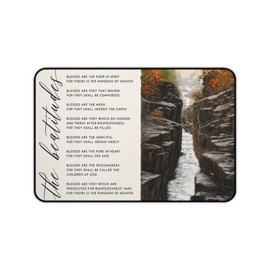 Blessed Are The Meek Desk Mat — Beatitudes Scripture Desk Pad with Waterfall Nature Art