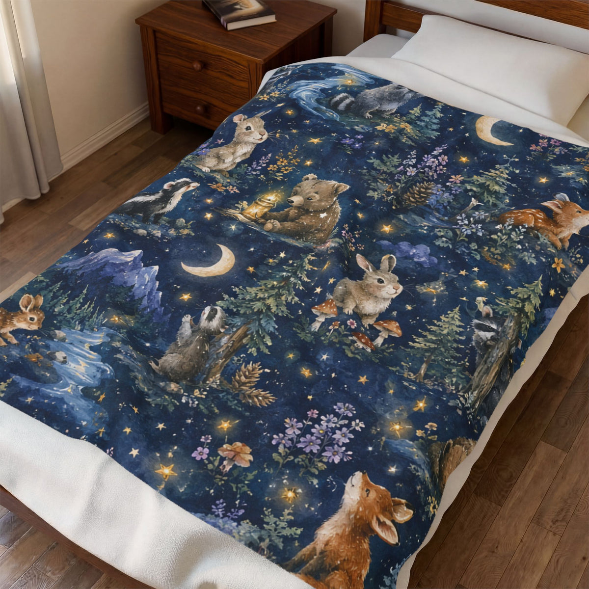 Plush Throw Blanket — Night Forest Animals Velveteen Throw