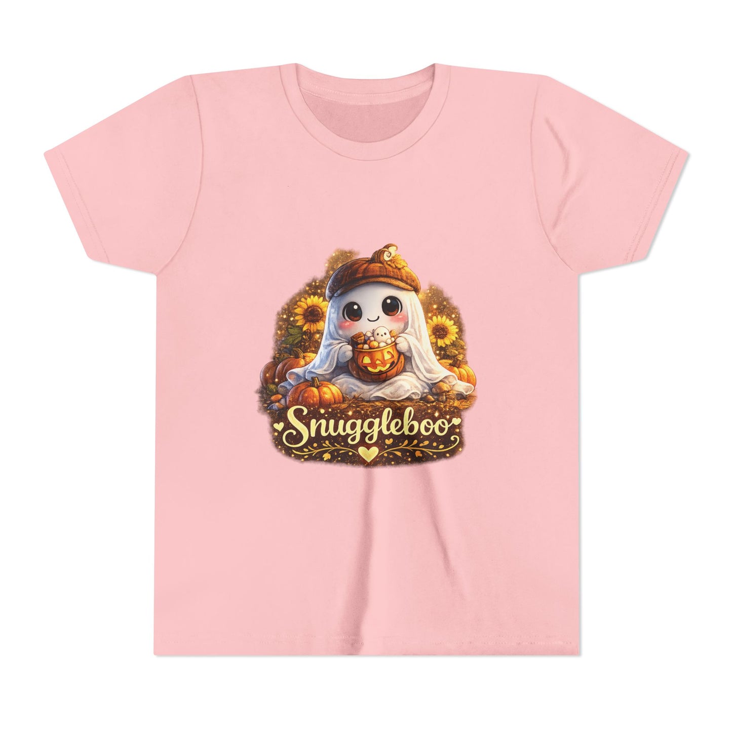 Youth Tee — Cute Fall “Snuggleboo” Pumpkin Owl with Sunflowers