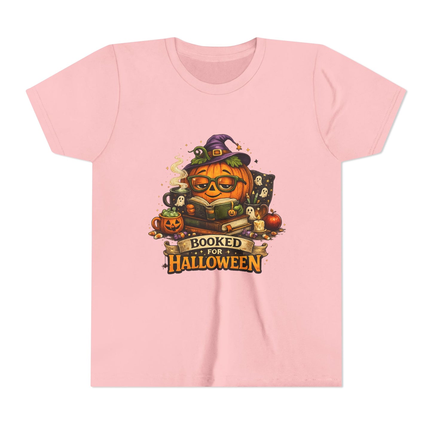 Youth T‑Shirt — "Booked for Halloween" Pumpkin Reading Graphic Tee