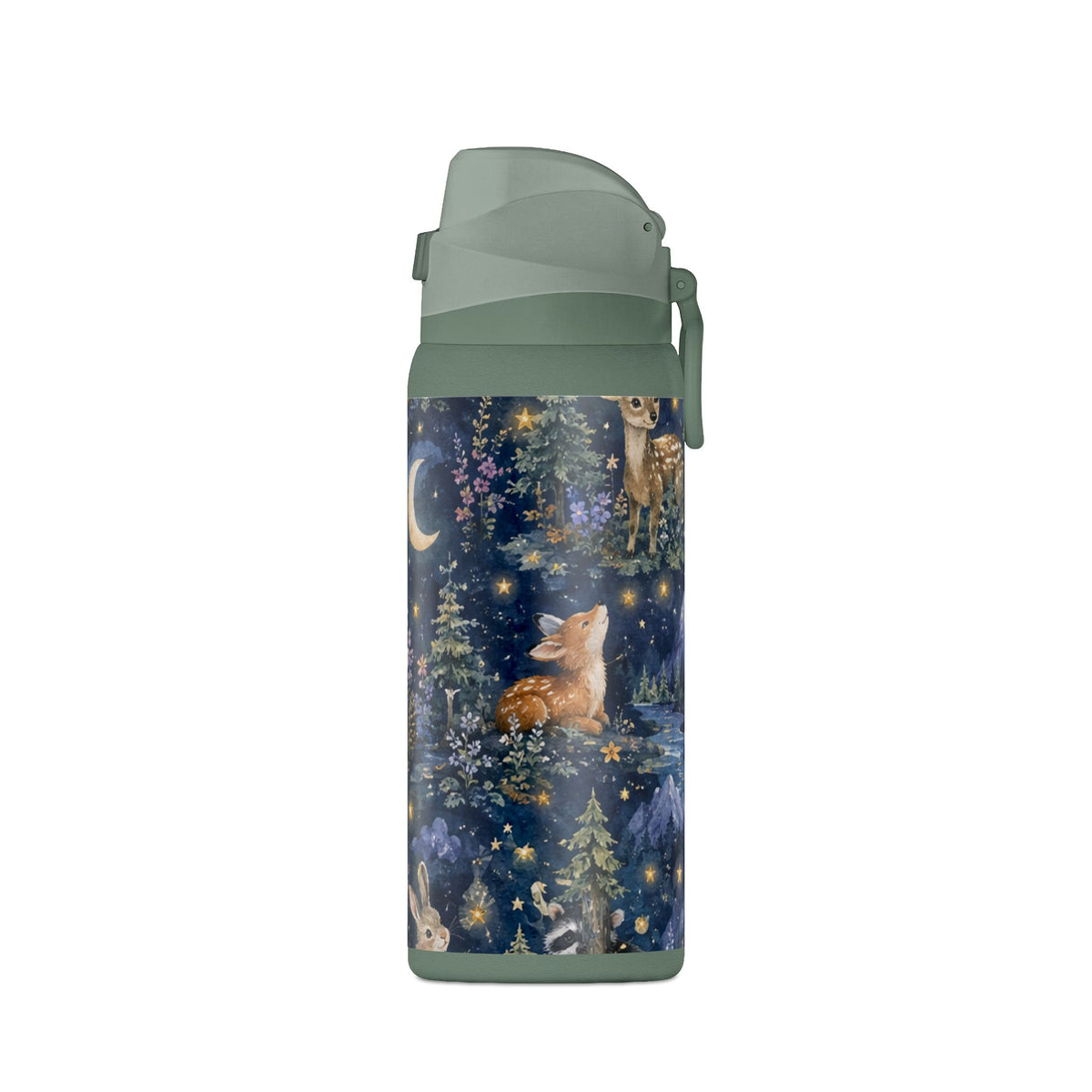 Insulated Water Bottle — Nighttime Forest Animals 32oz (Moon, Raccoon, Bunny)