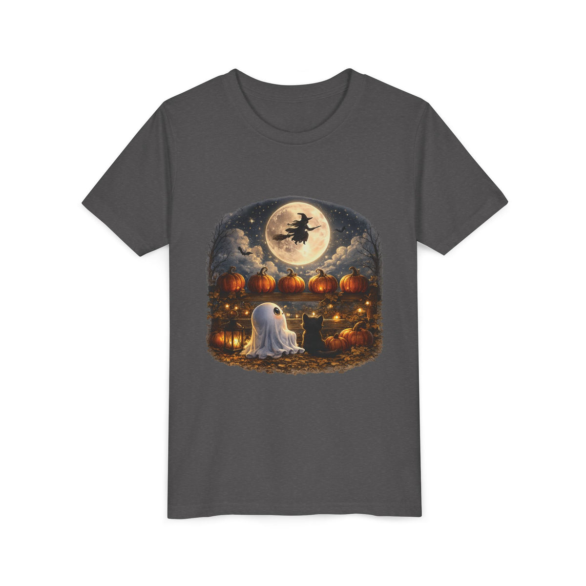 Kids Halloween Tee – Cute Ghost, Pumpkin Lanterns & Witch Moon Night