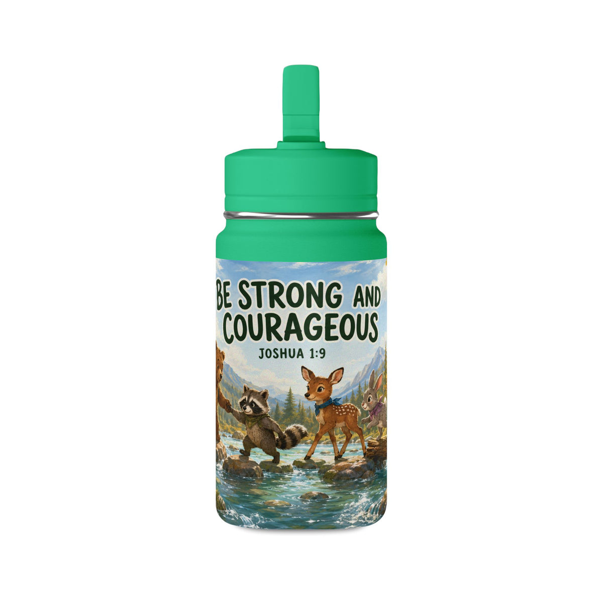 Kids’ 14oz Mini Water Bottle — “Be Strong and Courageous” Joshua 1:9 Animal Design