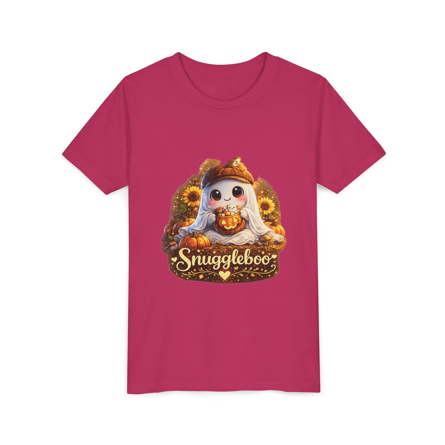 Youth Tee — Cute Fall “Snuggleboo” Pumpkin Owl with Sunflowers