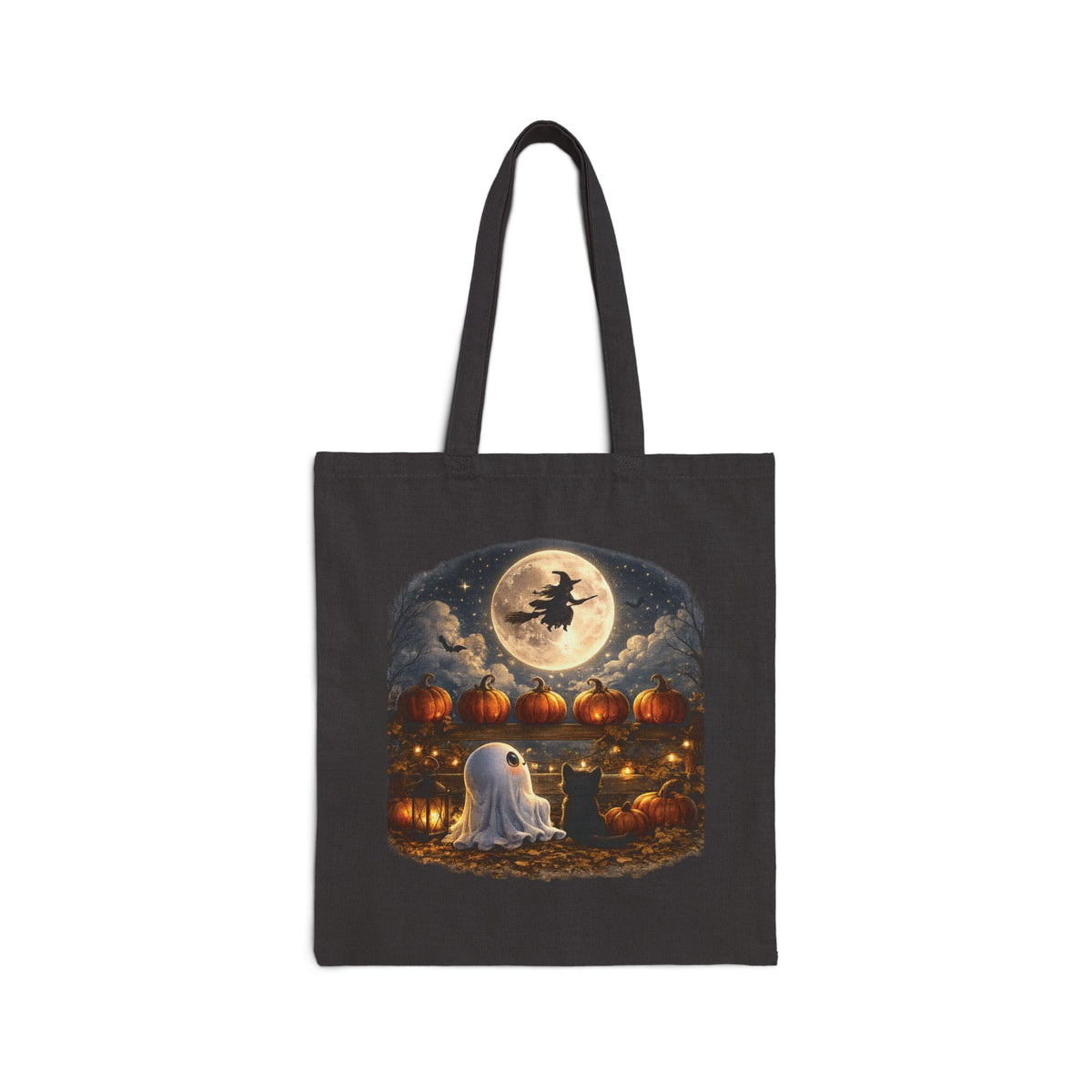 Halloween Night Tote — Ghost, Jack-o’-Lanterns & Witch Moon Canvas Tote Bag