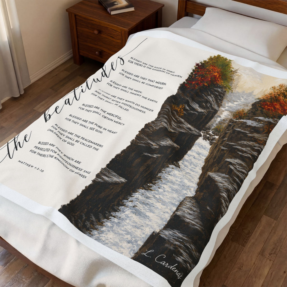 Velveteen Plush Blanket — 'The Beatitude' Scenic Waterfall Prayer Throw