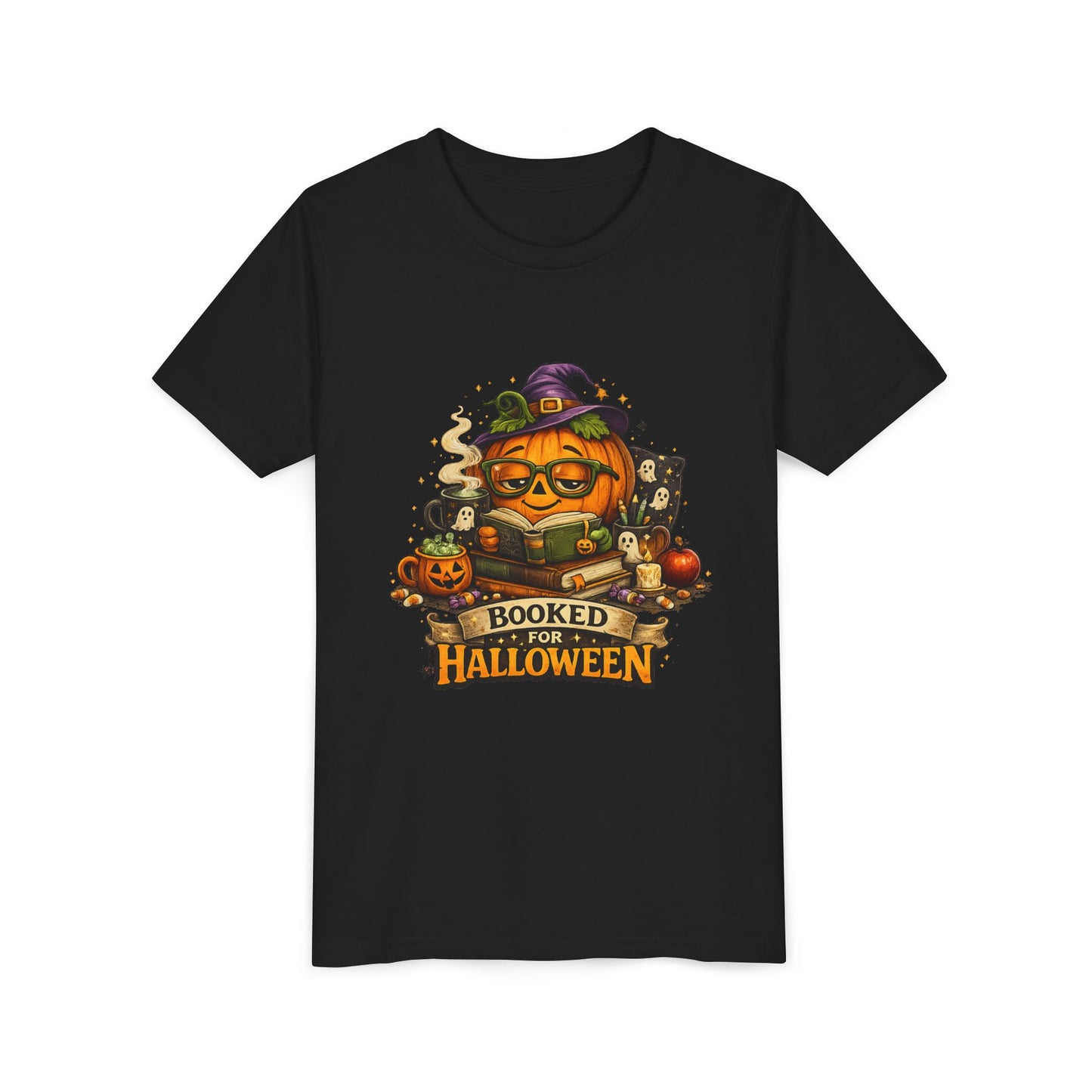 Youth T‑Shirt — "Booked for Halloween" Pumpkin Reading Graphic Tee
