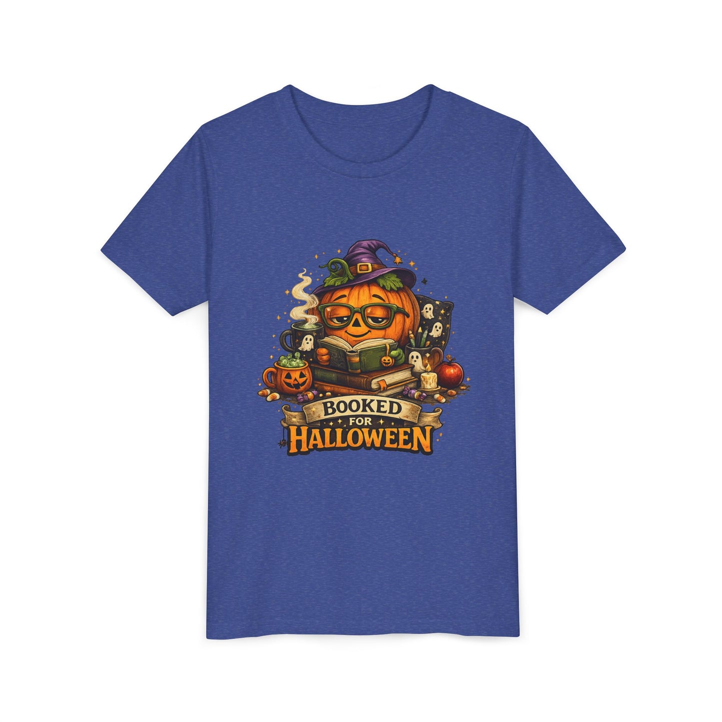 Youth T‑Shirt — "Booked for Halloween" Pumpkin Reading Graphic Tee