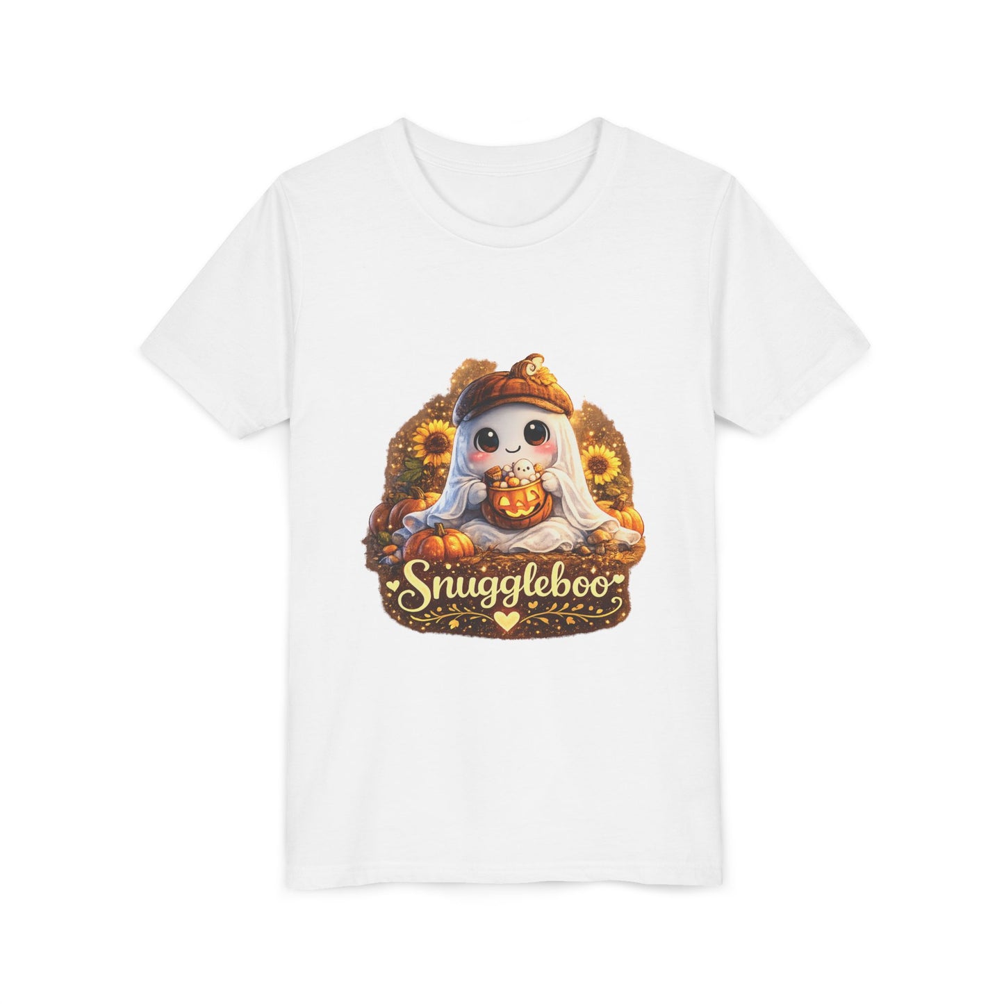 Youth Tee — Cute Fall “Snuggleboo” Pumpkin Owl with Sunflowers