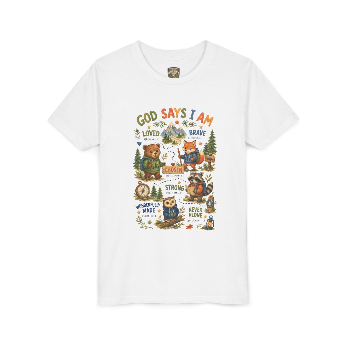 Youth Tee — "God Says I Am" Inspirational Christian Kids T‑Shirt (Loved, Brave, Strong)