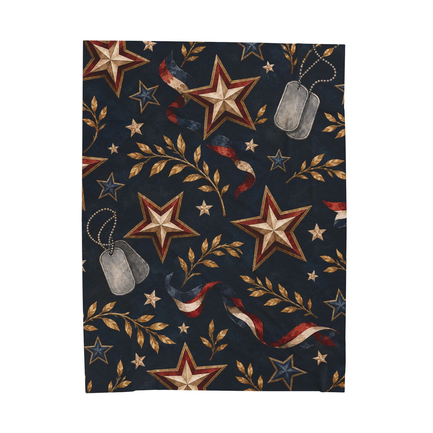 Patriotic Star & Dog Tag Velveteen Plush Blanket — American Flag Ribbon Throw for Veterans, Memorial Day & 4th of July