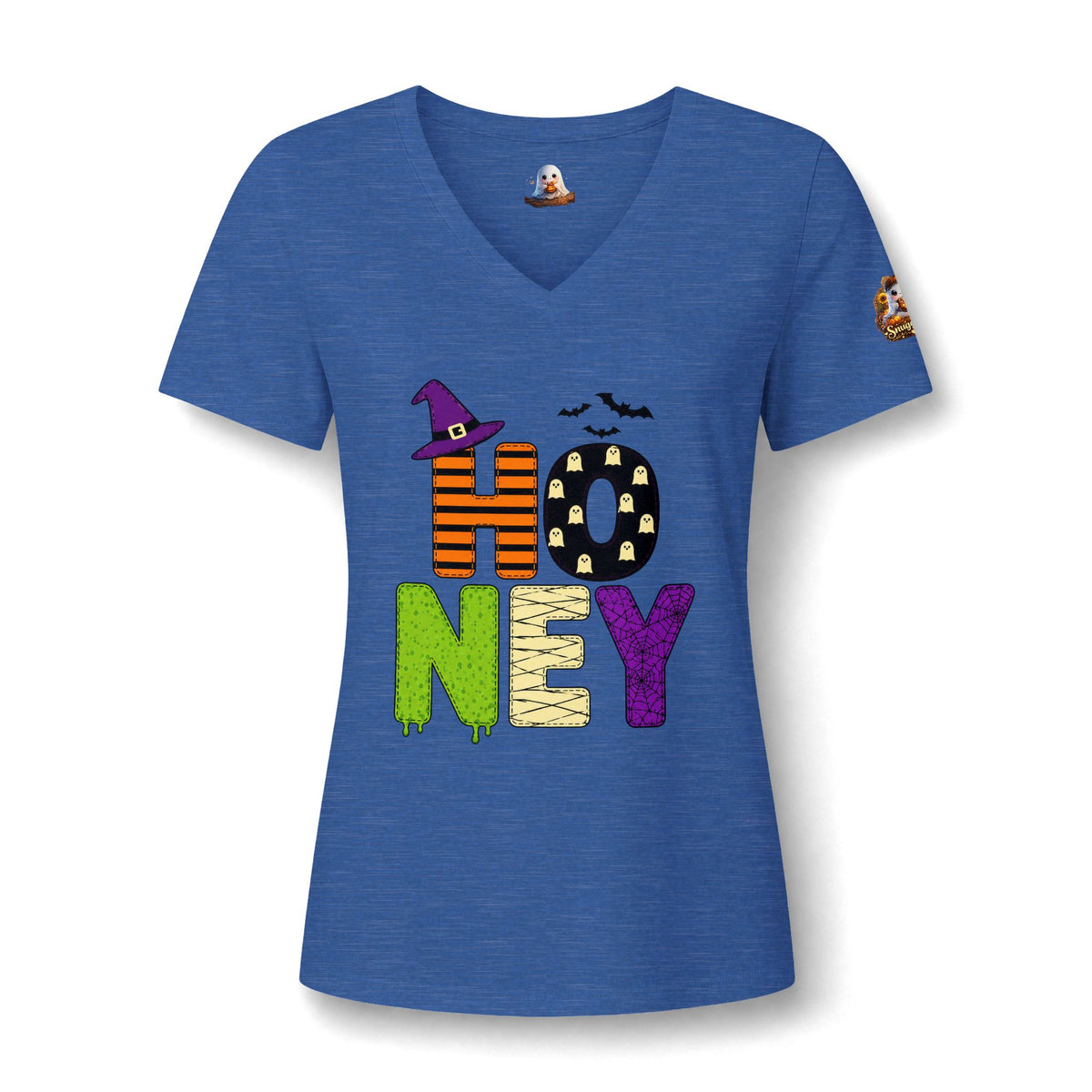 Honey Halloween V‑Neck Tee — 'HONEY' Cute Spooky Pumpkin Ghost Graphic