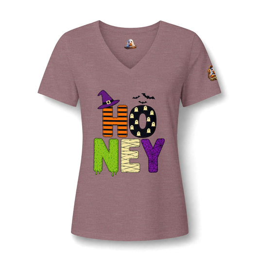Honey Halloween V‑Neck Tee — 'HONEY' Cute Spooky Pumpkin Ghost Graphic