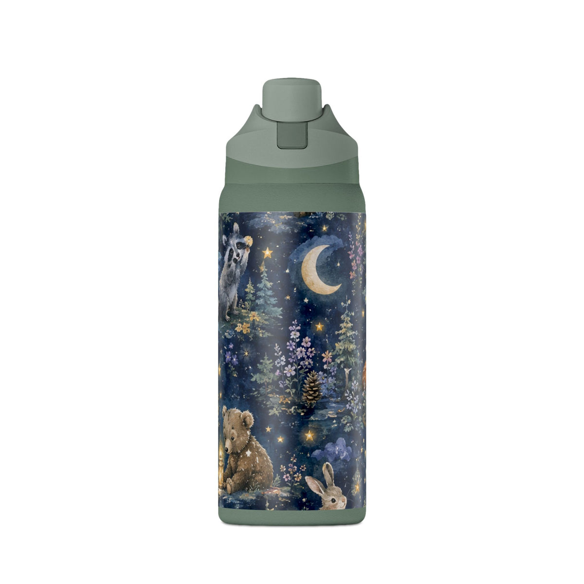 Insulated Water Bottle — Nighttime Forest Animals 32oz (Moon, Raccoon, Bunny)