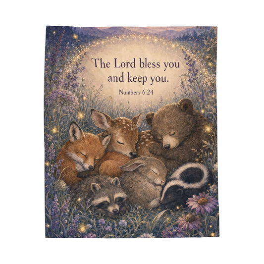Plush Blanket — 'The Lord Bless You and Keep You' Woodland Animals Velveteen Throw