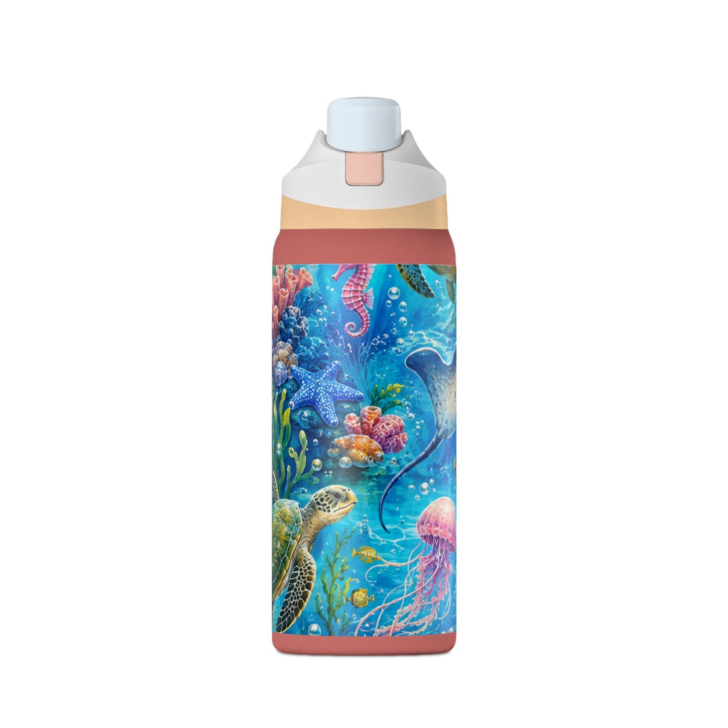 SeaLife 32oz Insulated Water Bottle — Colorful Ocean Turtle & Jellyfish Design