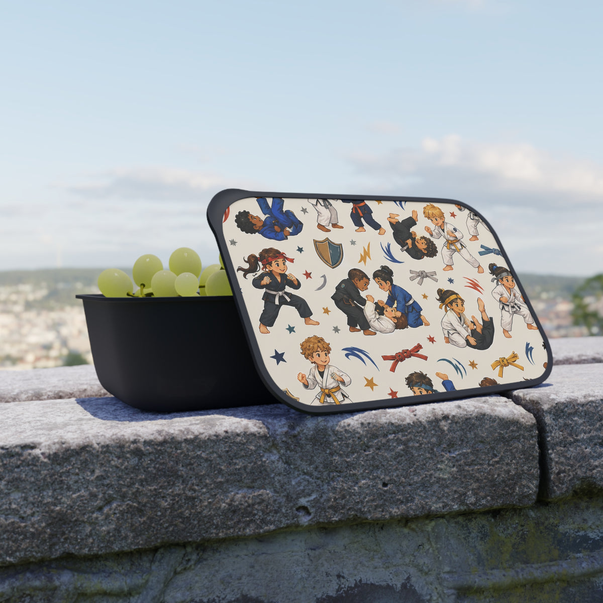 Kids Karate Bento Box with Utensils — Martial Arts Pattern Lunch Container
