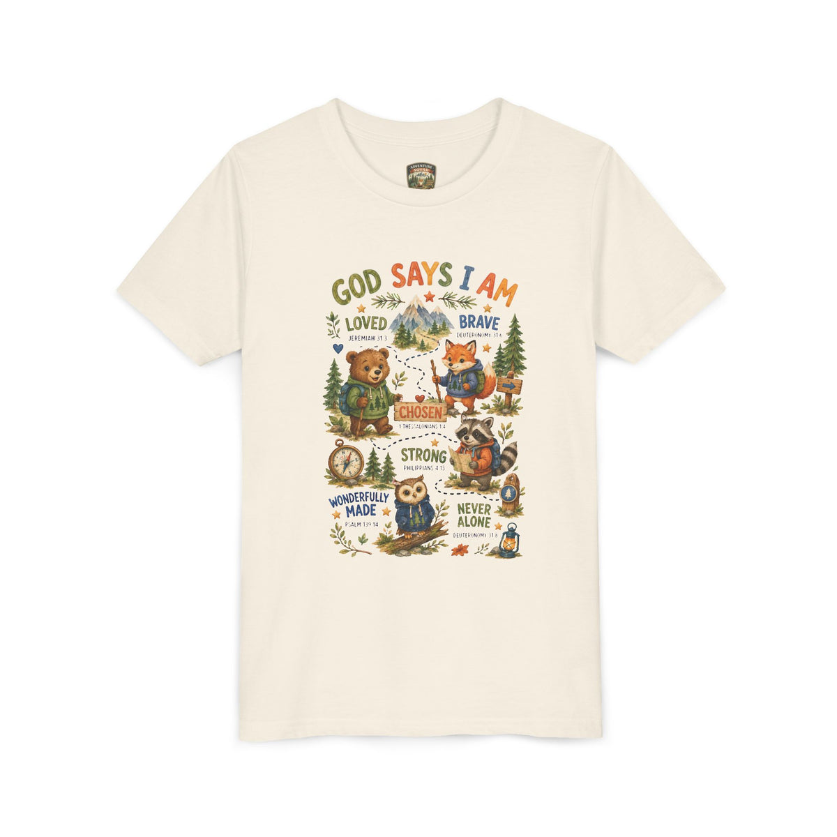 Youth Tee — "God Says I Am" Inspirational Christian Kids T‑Shirt (Loved, Brave, Strong)